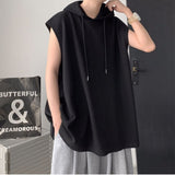 TRYESS Summer Casual Pullover Shirt Tess Vest Men's Loose Cool Boy Versatile Sports Tops Solid Print Waffle Sleeveless Vest Hoodie