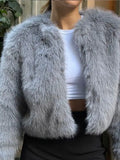 Fashion Grey Round Collar Faux Fur Coat Women Chic Loose Full Sleeve Warm Short Plush Jacket 2024 New Female New High Streetwear