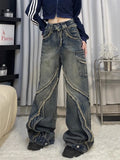 Tryess- Streetwear y2k 90s Fashion Harajuku washed distressed stitching raw edge high street trendy casual jean for women 2024 flesh-covering design straight pants