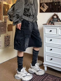 High street multi-pocket Harajuku washed black y2k denim shorts women 2000s summer aesthetic hip-hop popular niche cargo short