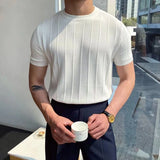 TRYESS 2024 Summer Men Knit Ice silk T shirts High Quality Solid Color Stripe Short sleeve O-neck Tee Tops Mens Thin Slim Fit T-Shirts