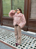 Pink Fluffy Faux Fur Short Coat Women Fashion Winter Loose Long Sleeve Luxury Lapel Jacket 2024 New Ladies High Street Outerwear