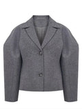 Solid Grey Lapel Woolen Blend Cropped Coat Fashion Long Sleeves Single Breasted Jacket 2024 New Chic Lady High Street Outerwear