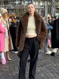 Deep Brown Big Lapel Faux Fur Women Coat Fashion Solid Fluffy Long Sleeved Thick Warm Jacket 2024 Winter Lady Casual Streetwear