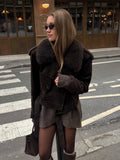 Fashion Vintage Brown Faux Fur Jacket Women Chic Lapel Long Sleeve Button Belt Short Coat 2024 Autumn New Female High Streetwear