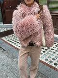 Pink Fluffy Faux Fur Short Coat Women Fashion Winter Loose Long Sleeve Luxury Lapel Jacket 2024 New Ladies High Street Outerwear