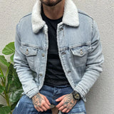 Vintage Mens Denim Jacket Streetwear Fashion Ripped Turn-down Collar Wool Jean Jackets Men Clothes Spring Trendy Denim Outerwear