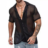 TRYESS Streetwear Fashion Knitwear Mens Shirt Sexy See Through Knit Tops Men Summer Casual Button Lapel Short Sleeve Hollow Out Shirt