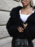 Deep Black Fluffy Warm Faux Fur Women Jacket Elegant Fashion V Neck Long Sleeves Short Coat 2024 Winter New Lady Thicken Outwear