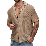 TRYESS Streetwear Fashion Knitwear Mens Shirt Sexy See Through Knit Tops Men Summer Casual Button Lapel Short Sleeve Hollow Out Shirt