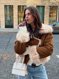 Women Brown Faux Fur Splicing Short Jacket Lapel Zipper Fluffy Thicken Cropped Coat 2024 New Fall Female Office High Streetwear