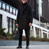 Office Casual Woolen Trench Coats Men Autumn Winter Windbreaker Vintage Lapel Woolen Long Jackets Men Stylish Black Overcoats