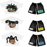 Tryess-Summer Men Oversized Loose T-Shirt Gym Shorts Two Piece Set Cartoon Print Cotton Tees Suit Harajuku Baggy Sports Shorts Clothes