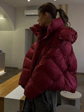 Casual Winter Women New Lady Red Cotton Coat Fashion Long Sleeve Hooded Thick Warm Short Jacket 2024 Cool Lady Commuting Outwear