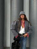 Solid Grey Lapel Woolen Blend Cropped Coat Fashion Long Sleeves Single Breasted Jacket 2024 New Chic Lady High Street Outerwear