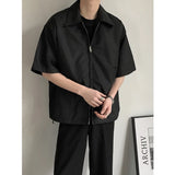 Tryess-Summer Short Sleeved Shirt Men Fashion Oversized Zip Shirt Men Korean Loose Black White Dres Shirts Mens Ice Silk Shirt M-2XL