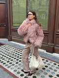 Pink Fluffy Faux Fur Short Coat Women Fashion Winter Loose Long Sleeve Luxury Lapel Jacket 2024 New Ladies High Street Outerwear