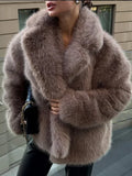 Elegant Winter Women Large Lapel Short Faux Fur Coat Casual Fluffy Long Sleeve Warm Thicken Jacket New Lady Highstreet Outerwear