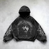 Tryess-Cross Angel Print Pullover Hoodie Gothic Harajuku Street Men Women Loose Hooded Coat Y2k Retro Black Oversized Sweatshirt