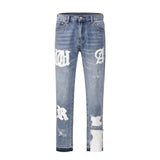 Tryess Streetwear High Street REMAKE y2k Straight Stickers Blue Denim Jeans Trousers for men homme