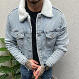 Vintage Mens Denim Jacket Streetwear Fashion Ripped Turn-down Collar Wool Jean Jackets Men Clothes Spring Trendy Denim Outerwear