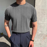 TRYESS 2024 Summer Men Knit Ice silk T shirts High Quality Solid Color Stripe Short sleeve O-neck Tee Tops Mens Thin Slim Fit T-Shirts