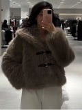 Elegant Lapel Warm Fluffy Faux Fur Jacket 2024 Chic Belt Buckle Full Sleeved Plush Coat New Autumn Winter Female Loose Outerwear