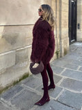 Vintage Faux Fur Thicken Midi Coat Women Burgundy Long Sleeve Lapel Loose Warm Coat 2024 New Winter Chic Street Female Outerwear