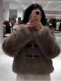 Elegant Lapel Warm Fluffy Faux Fur Jacket 2024 Chic Belt Buckle Full Sleeved Plush Coat New Autumn Winter Female Loose Outerwear