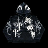 Tryess-Cross Gothic Dark Style Popular Zipper Cardigan Oversized Hoodies for Women American Rock Harajuku Versatile Couple Sweatshirts