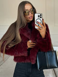 Vintage Faux Fur Thicken Midi Coat Women Burgundy Long Sleeve Lapel Loose Warm Coat 2024 New Winter Chic Street Female Outerwear