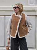 Winter Camel Round Neck Warm Lamb Woolen Vest Elegant Solid Single Breasted With Pocket Waistcoat 2024 New Fashion Woman Outwear