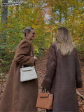 2024 Elegant Brown Faux Fur Splicing Leather Overcoat Women Single-breasted Lapel Warm Long Coat Autumn Winter Female Streetwear