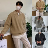 Tryesstore-Fall Fashion Classy Outfits Men Fall Outfits -men fall outfits   - Polo T-shirts for Men Fashion Versatile Casual Solid Color Sweater Jacket Zip Long Sleeved Loose Fitting Shirt Autumn New