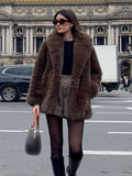 Deep Brown Big Lapel Faux Fur Women Coat Fashion Solid Fluffy Long Sleeved Thick Warm Jacket 2024 Winter Lady Casual Streetwear