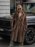 Vintage Fashion Brown Faux Fur Thick Long Overcoat Cardigan Fleece Warm Long Trench Coat Winter Fluffy Plush 2024 New Streetwear