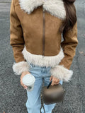 Women Brown Faux Fur Splicing Short Jacket Lapel Zipper Fluffy Thicken Cropped Coat 2024 New Fall Female Office High Streetwear