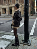 Retro Chic Brown Patchwork Long Sleeved Zipper Women Coat Belt Pocket Lapel Solid 2024 New Fashion Jacket Female High Streetwear