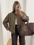 Casual Leopard Print Lining Splicing Cotton Jacket Women Fashion O-neck Button Pocket Thick Coat 2024 Ladies High Street Outwear