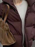 Women Vintage Brown Stand Collar Down Jacket Fashion Long Sleeves Zipper Cotton Coat Winter Ladies Commuting Warm Fluffy Outwear