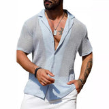 TRYESS Streetwear Fashion Knitwear Mens Shirt Sexy See Through Knit Tops Men Summer Casual Button Lapel Short Sleeve Hollow Out Shirt