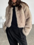 2024 Winter Women Fluffy Faux Fur Jacket Elegant Luxury Loose Warm Round Neck Long Sleeve Coat New Lady Chic Highstreet Outwear