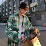 TRYESS Green Woolen Plaid Shirt Coat Men's Loose Korean Thickened Long Sleeve Male Casual Blouses Unisex Fashion Clothing