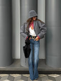 Solid Grey Lapel Woolen Blend Cropped Coat Fashion Long Sleeves Single Breasted Jacket 2024 New Chic Lady High Street Outerwear