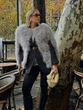 Winter Grey Round Neck Faux Fur Coat Fashion Sleeveless Fluffy Thicken Warm Outcoat Split Short Jacket 2025 Lady High Streetwear