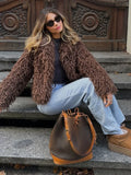 Brown Fluffy Short Faux Fur Women Jacket Elegant Lapel Long Sleeve Cardigan Coat 2024 Autumn Winter Ladies Warm High Streetwear