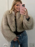 Women Gradient Cropped Faux Fur Coat Chic Round Neck Long Sleeve Thick Coat 2024 New Fashion Autumn Winter Fluffy Short Jacket ﻿