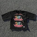 Tryess-Cotton street hip-hop lips and teeth pattern printed vintage short-sleeved T-shirt men's y2k summer gothic punk rock baggy tops