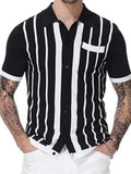 TRYESS- Summer Short Sleeve Knitted Polo Shirt Casual Men Button-up Turn-down Collar Tops Mens Fashion Striped Polos Man Streetwear