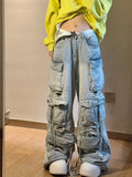 Tryess-Light blue washed ripped multi-pocket high street cargo pants women 2024 aesthetic fashion American retro wide leg baggy jeans